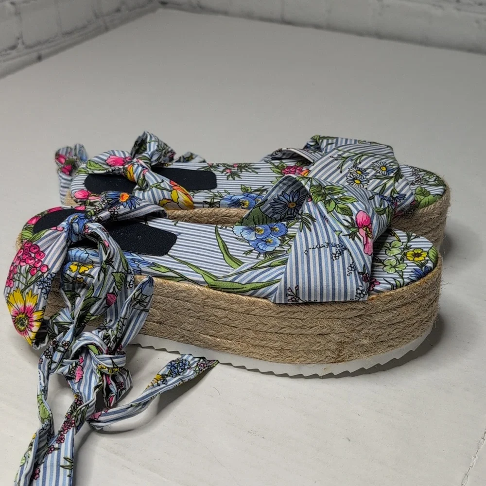 Zara Scarf Ankle Wrap Blue Floral Espadrille Sandals